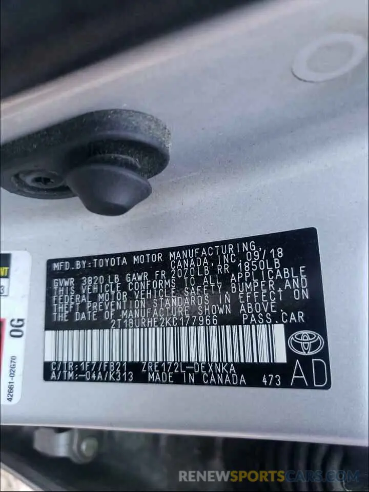10 fotografías del automóvil dañado 2T1BURHE2KC177966 TOYOTA COROLLA 2019