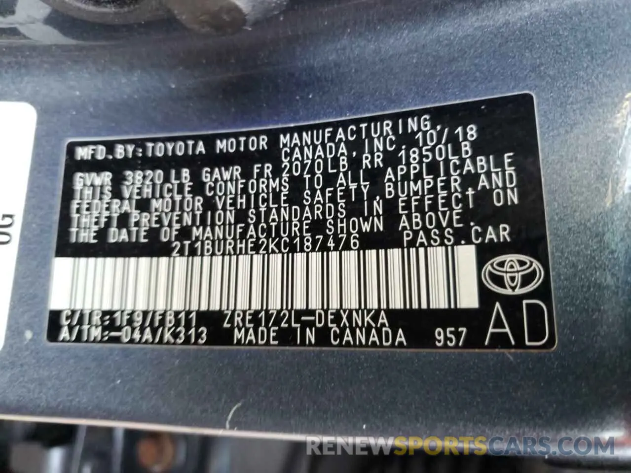 12 fotografías del automóvil dañado 2T1BURHE2KC187476 TOYOTA COROLLA 2019