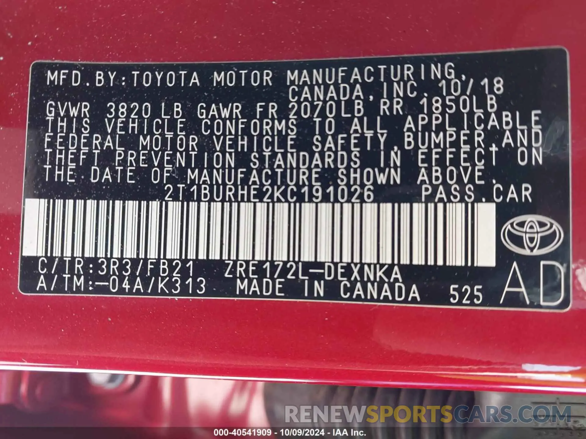 9 fotografías del automóvil dañado 2T1BURHE2KC191026 TOYOTA COROLLA 2019