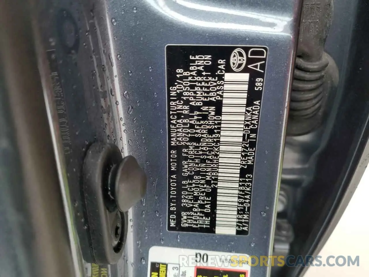 12 fotografías del automóvil dañado 2T1BURHE2KC191110 TOYOTA COROLLA 2019