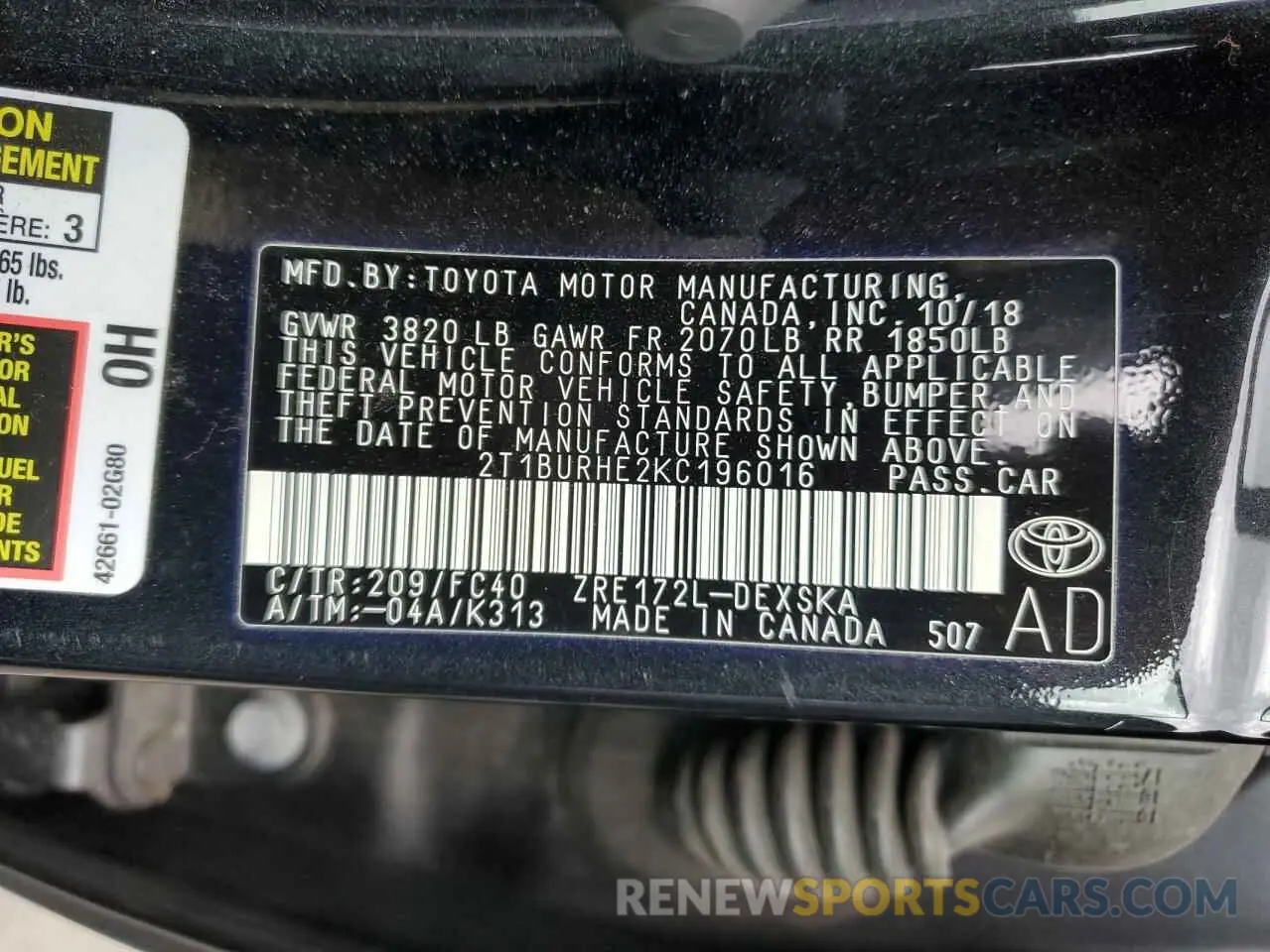 10 fotografías del automóvil dañado 2T1BURHE2KC196016 TOYOTA COROLLA 2019