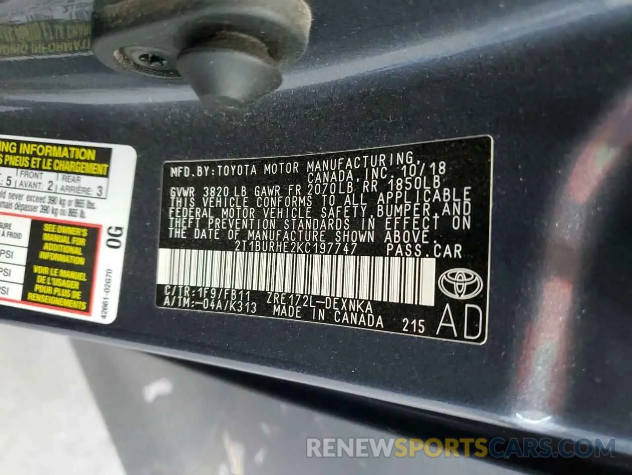 12 fotografías del automóvil dañado 2T1BURHE2KC197747 TOYOTA COROLLA 2019