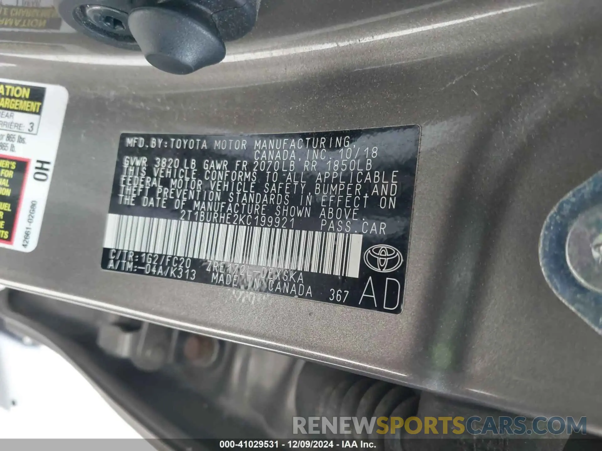 7 fotografías del automóvil dañado 2T1BURHE2KC199921 TOYOTA COROLLA 2019