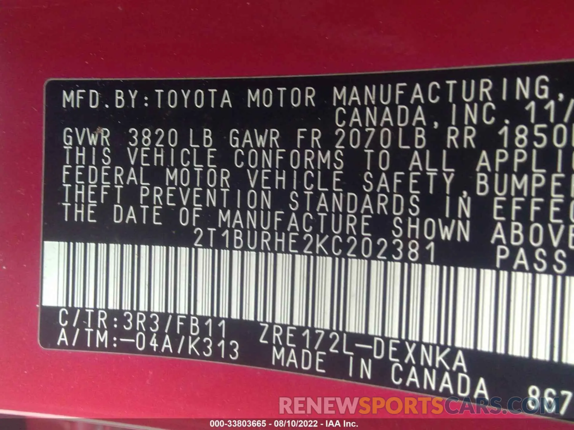 9 fotografías del automóvil dañado 2T1BURHE2KC202381 TOYOTA COROLLA 2019