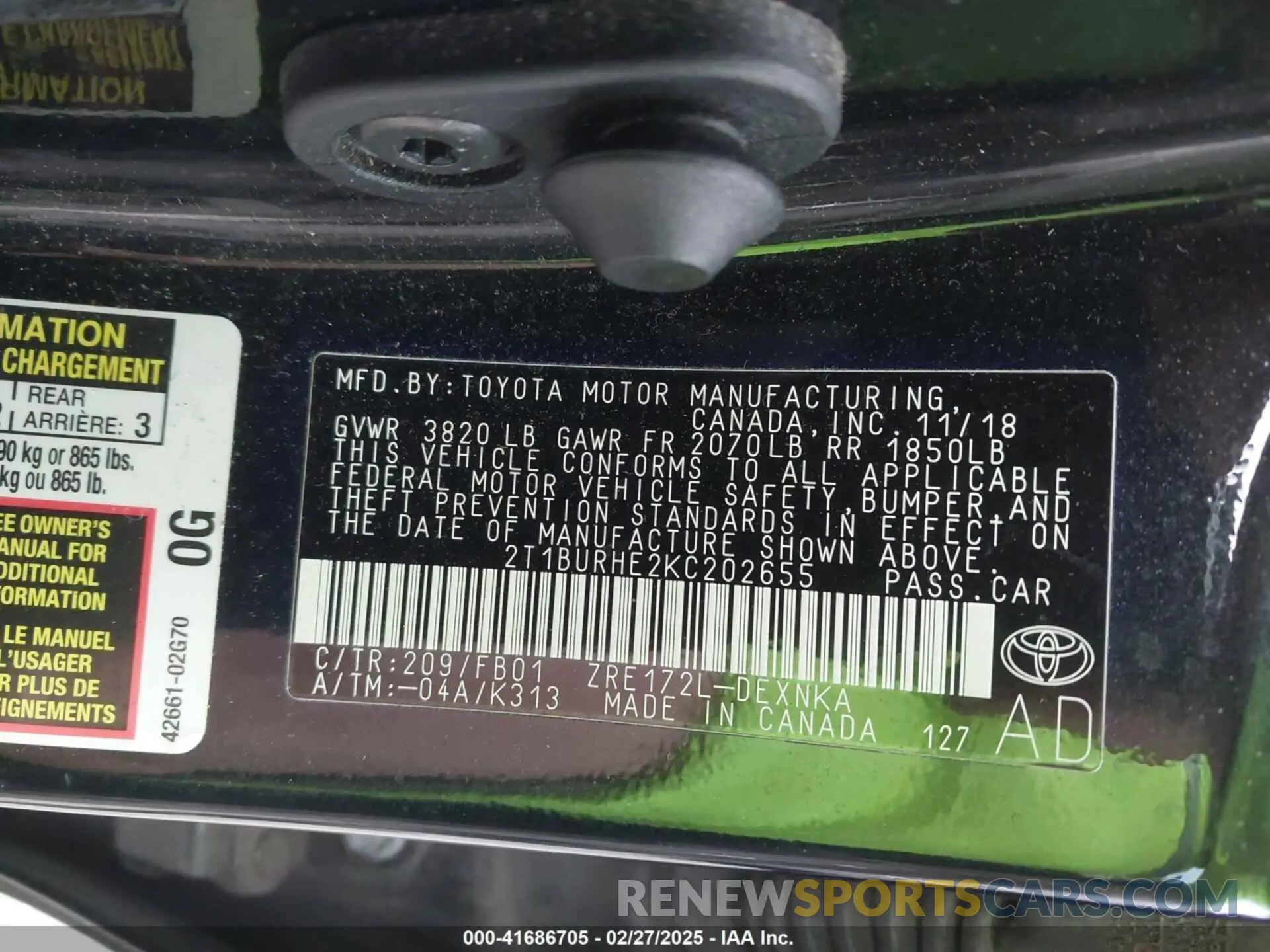 9 fotografías del automóvil dañado 2T1BURHE2KC202655 TOYOTA COROLLA 2019
