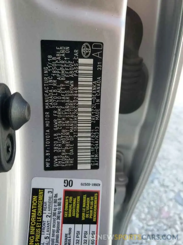 14 fotografías del automóvil dañado 2T1BURHE2KC202848 TOYOTA COROLLA 2019