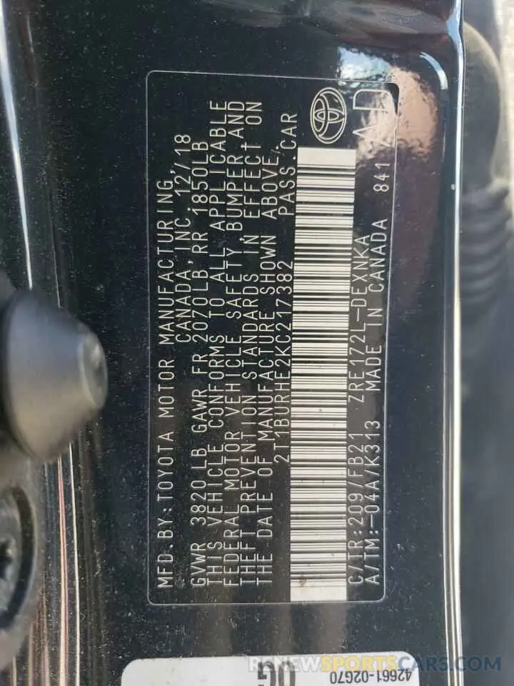 12 fotografías del automóvil dañado 2T1BURHE2KC217382 TOYOTA COROLLA 2019