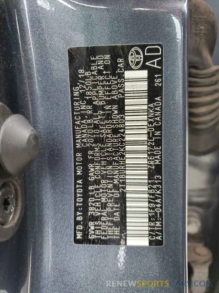 12 fotografías del automóvil dañado 2T1BURHE2KC224803 TOYOTA COROLLA 2019