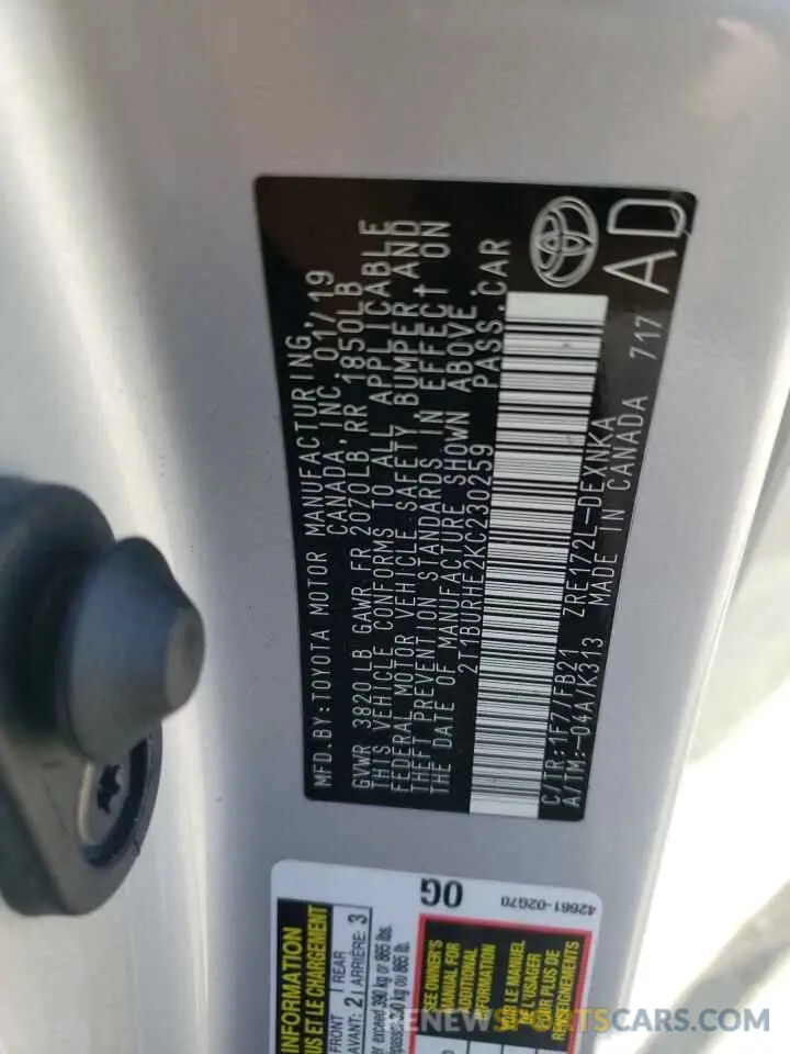 10 fotografías del automóvil dañado 2T1BURHE2KC230259 TOYOTA COROLLA 2019