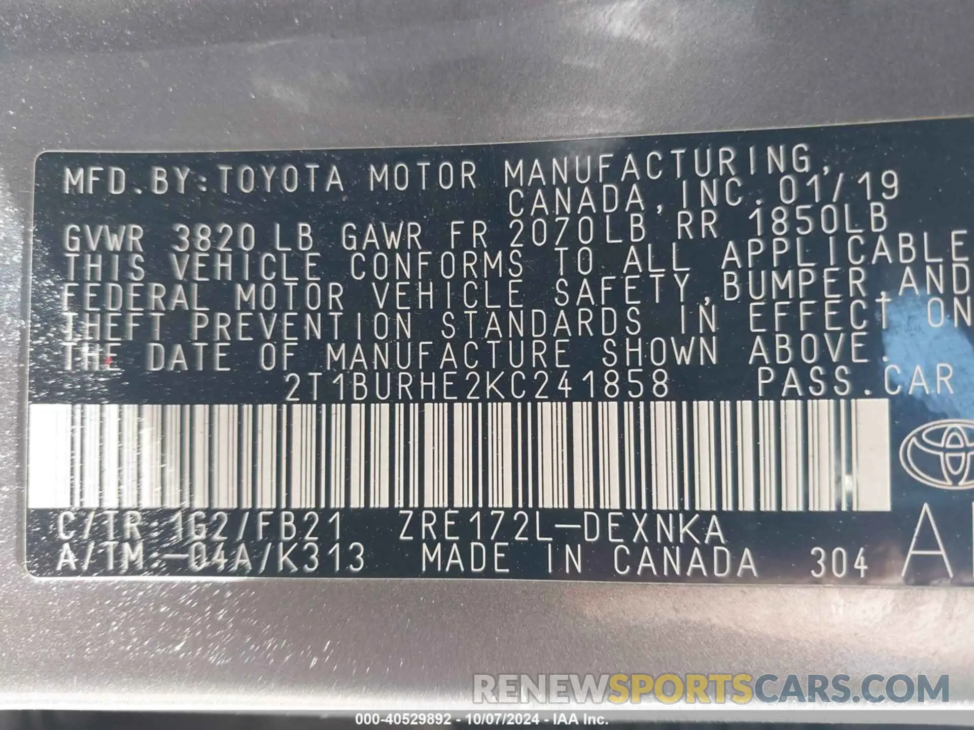 9 fotografías del automóvil dañado 2T1BURHE2KC241858 TOYOTA COROLLA 2019