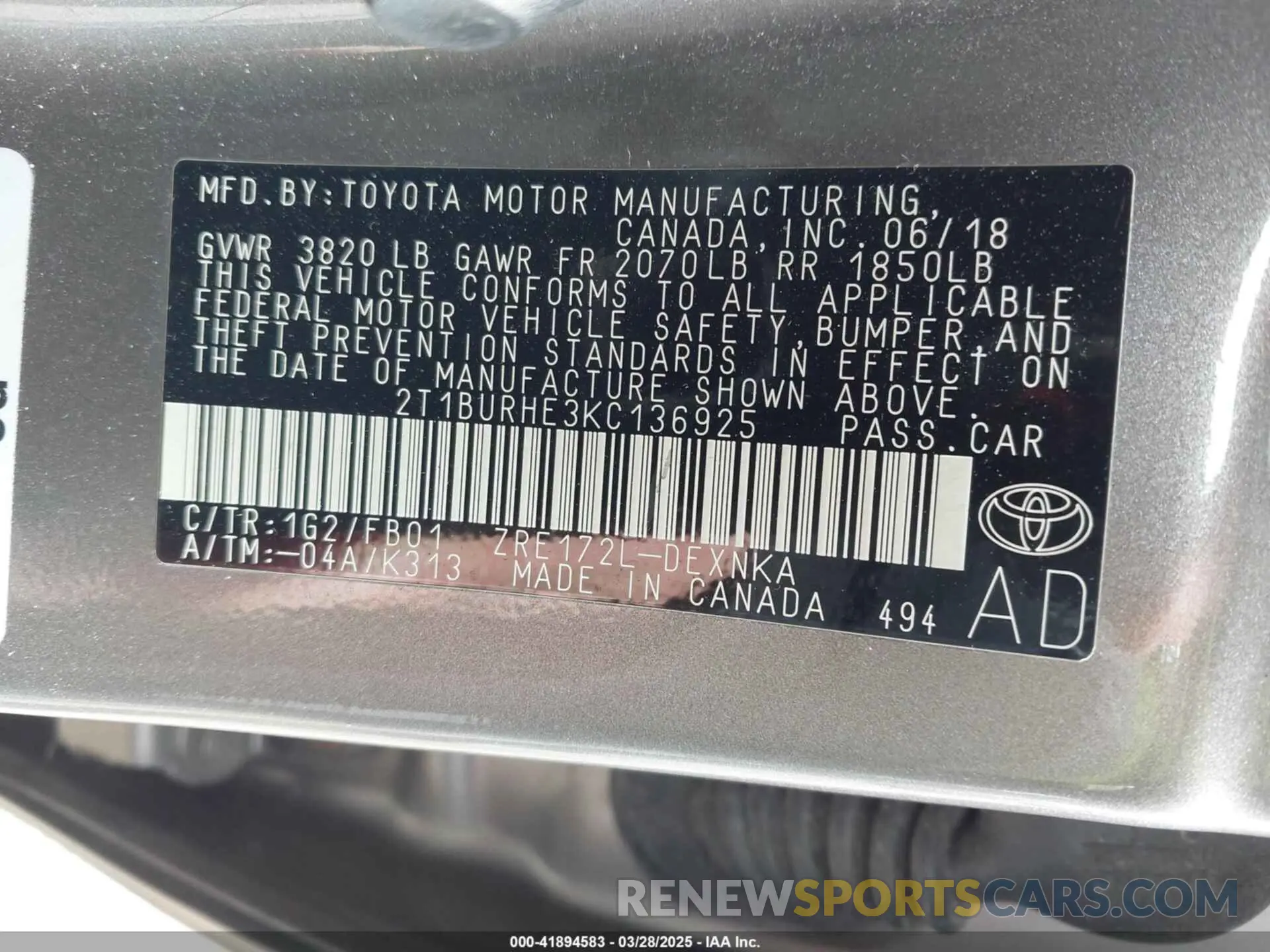 9 fotografías del automóvil dañado 2T1BURHE3KC136925 TOYOTA COROLLA 2019