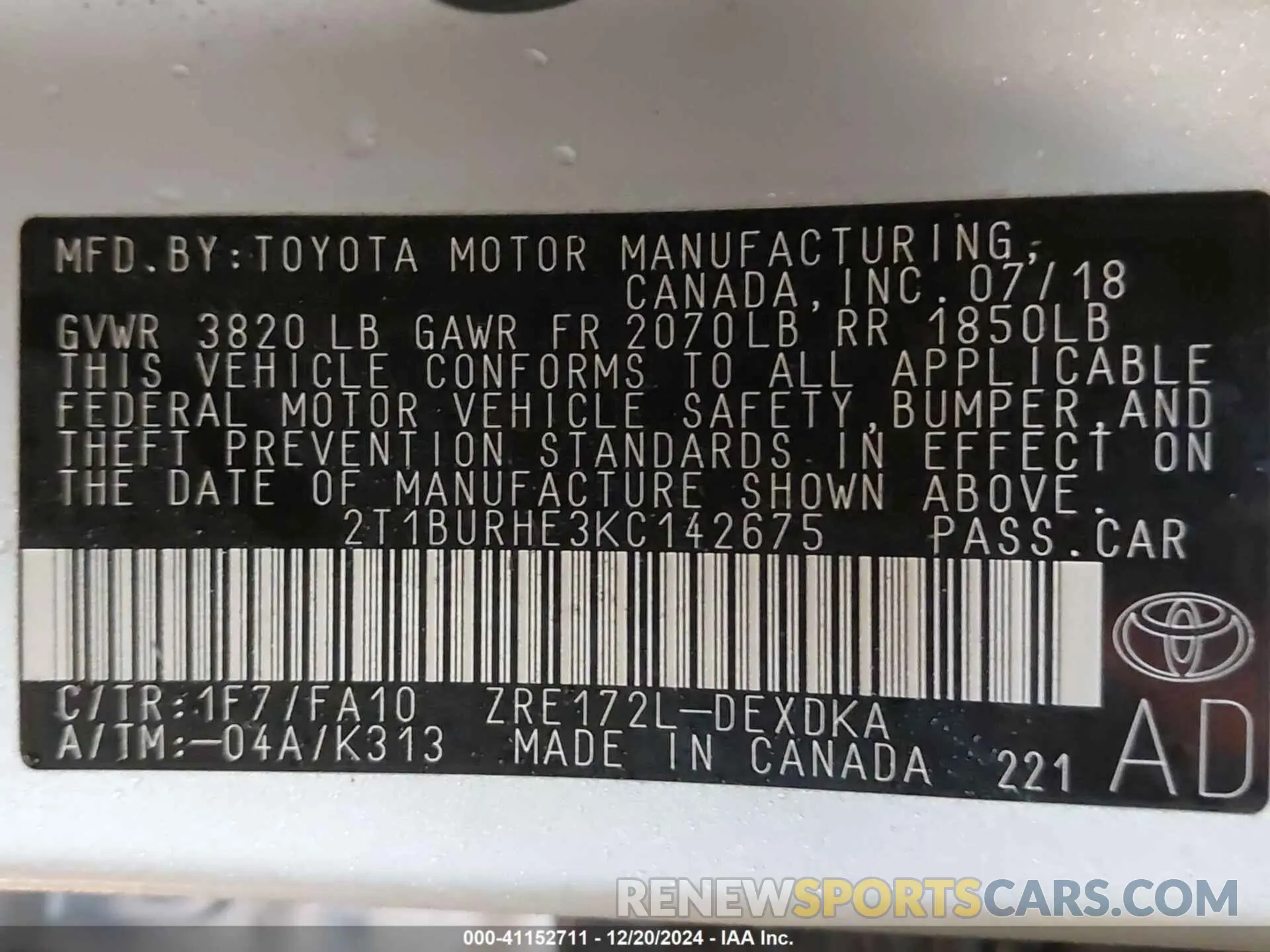 9 fotografías del automóvil dañado 2T1BURHE3KC142675 TOYOTA COROLLA 2019