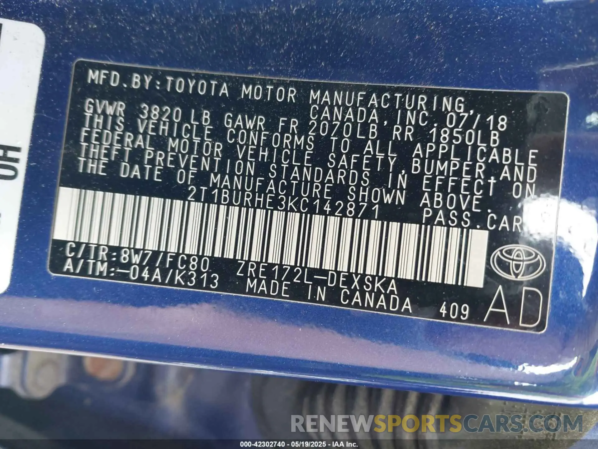 9 fotografías del automóvil dañado 2T1BURHE3KC142871 TOYOTA COROLLA 2019