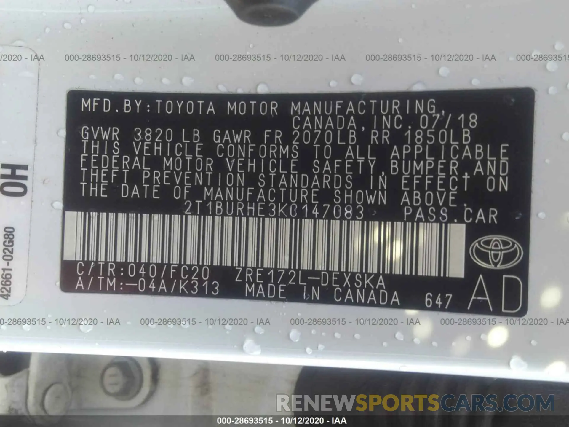 9 fotografías del automóvil dañado 2T1BURHE3KC147083 TOYOTA COROLLA 2019