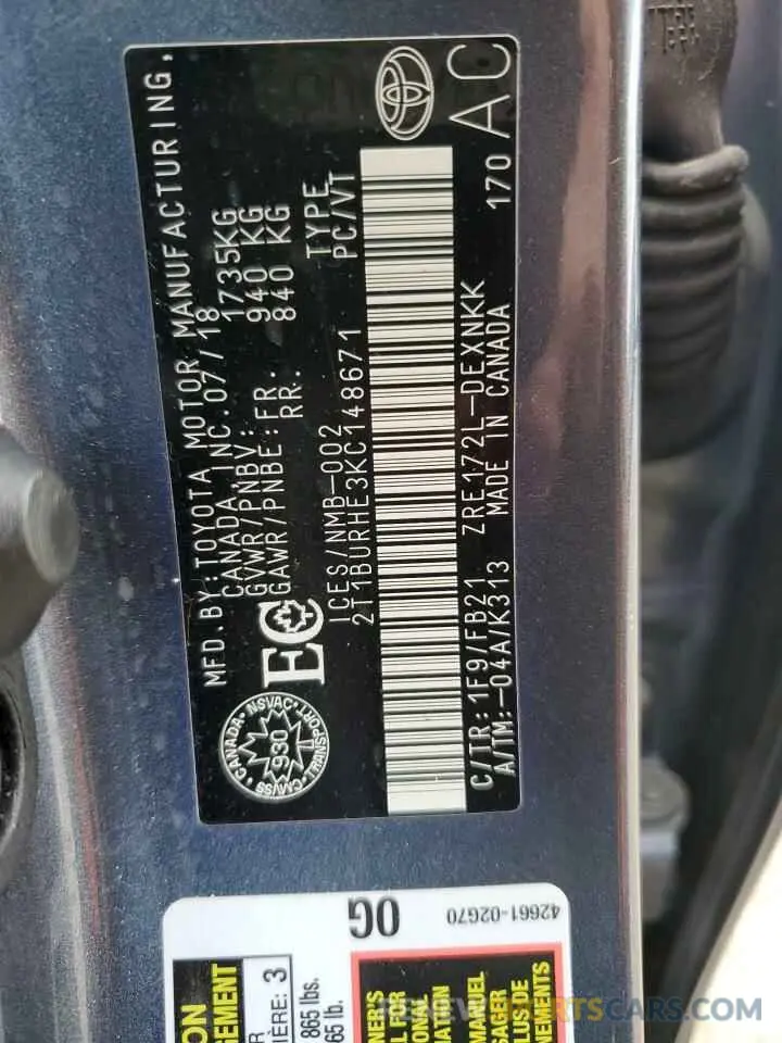 12 fotografías del automóvil dañado 2T1BURHE3KC148671 TOYOTA COROLLA 2019