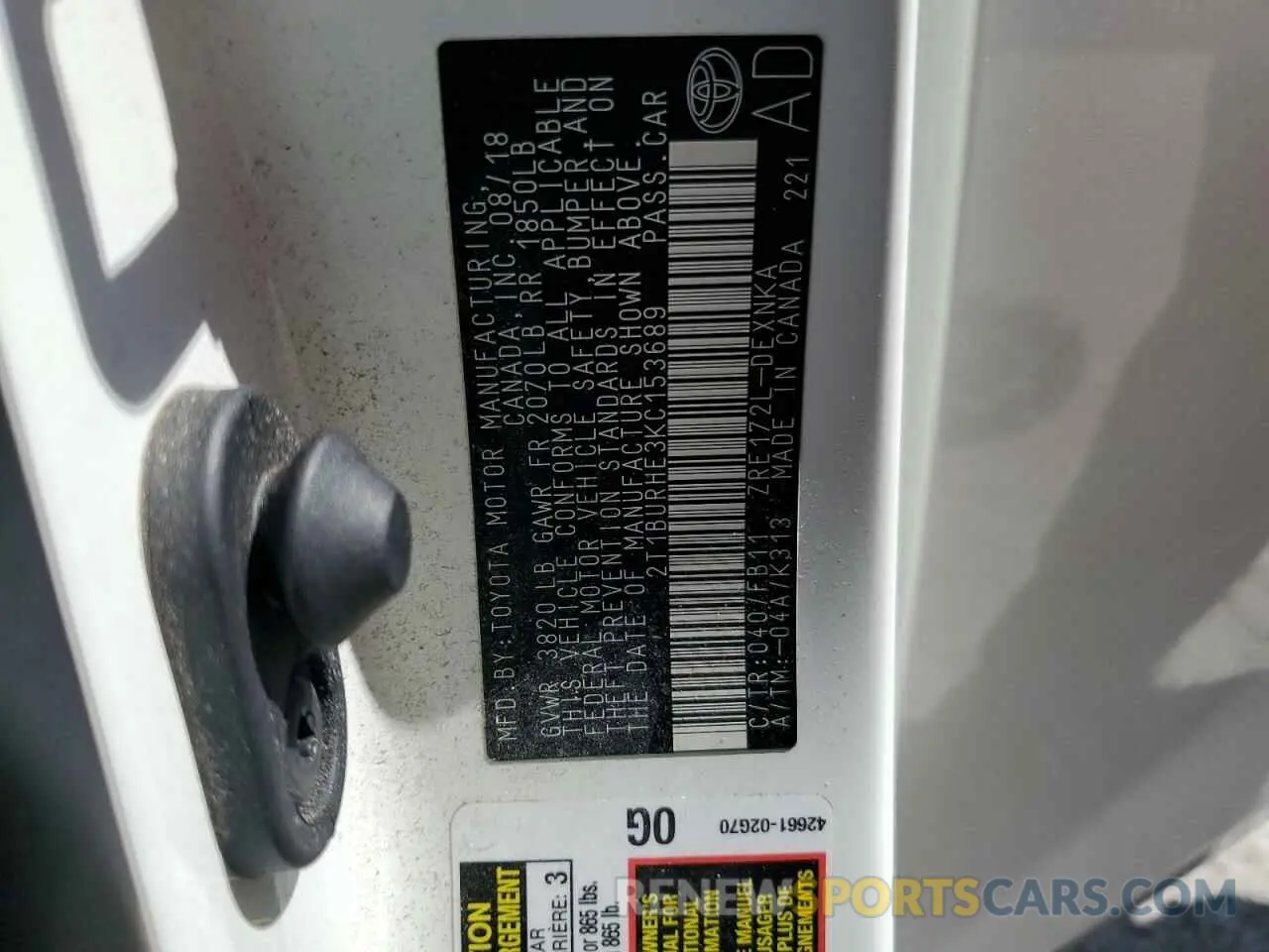 13 fotografías del automóvil dañado 2T1BURHE3KC153689 TOYOTA COROLLA 2019