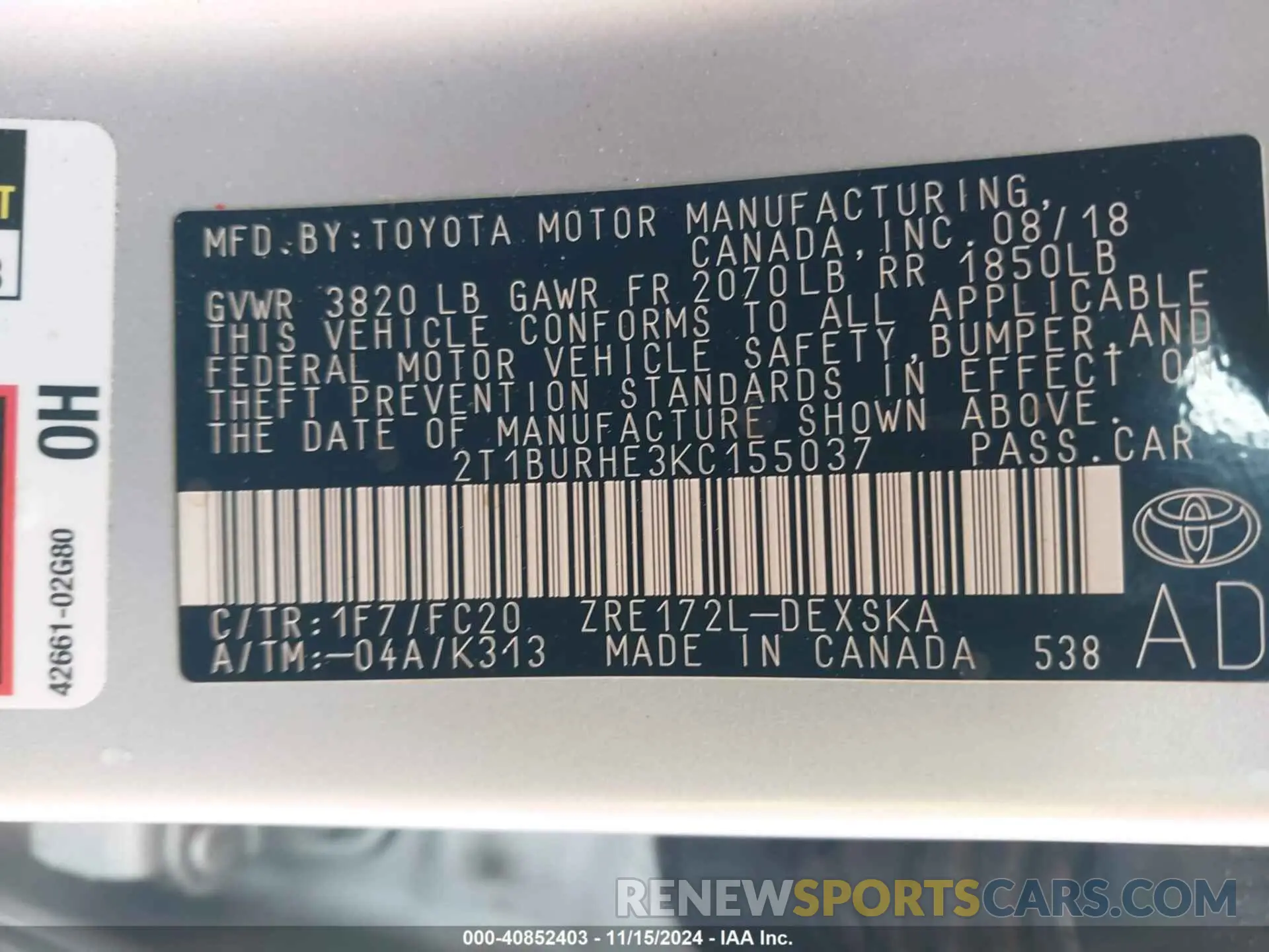 9 fotografías del automóvil dañado 2T1BURHE3KC155037 TOYOTA COROLLA 2019