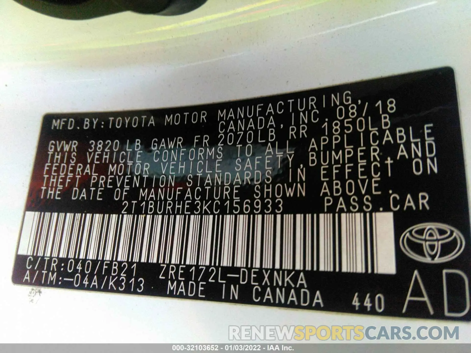 9 fotografías del automóvil dañado 2T1BURHE3KC156933 TOYOTA COROLLA 2019
