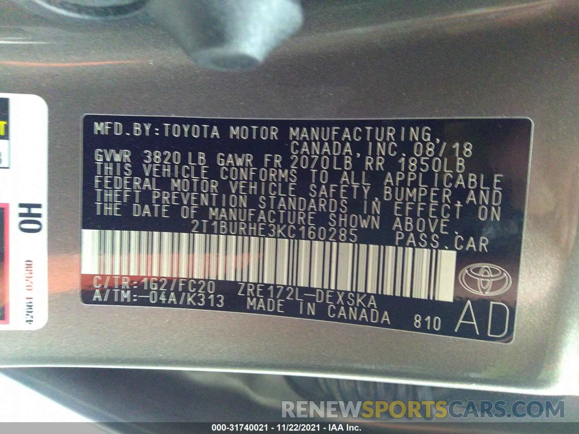 9 fotografías del automóvil dañado 2T1BURHE3KC160285 TOYOTA COROLLA 2019