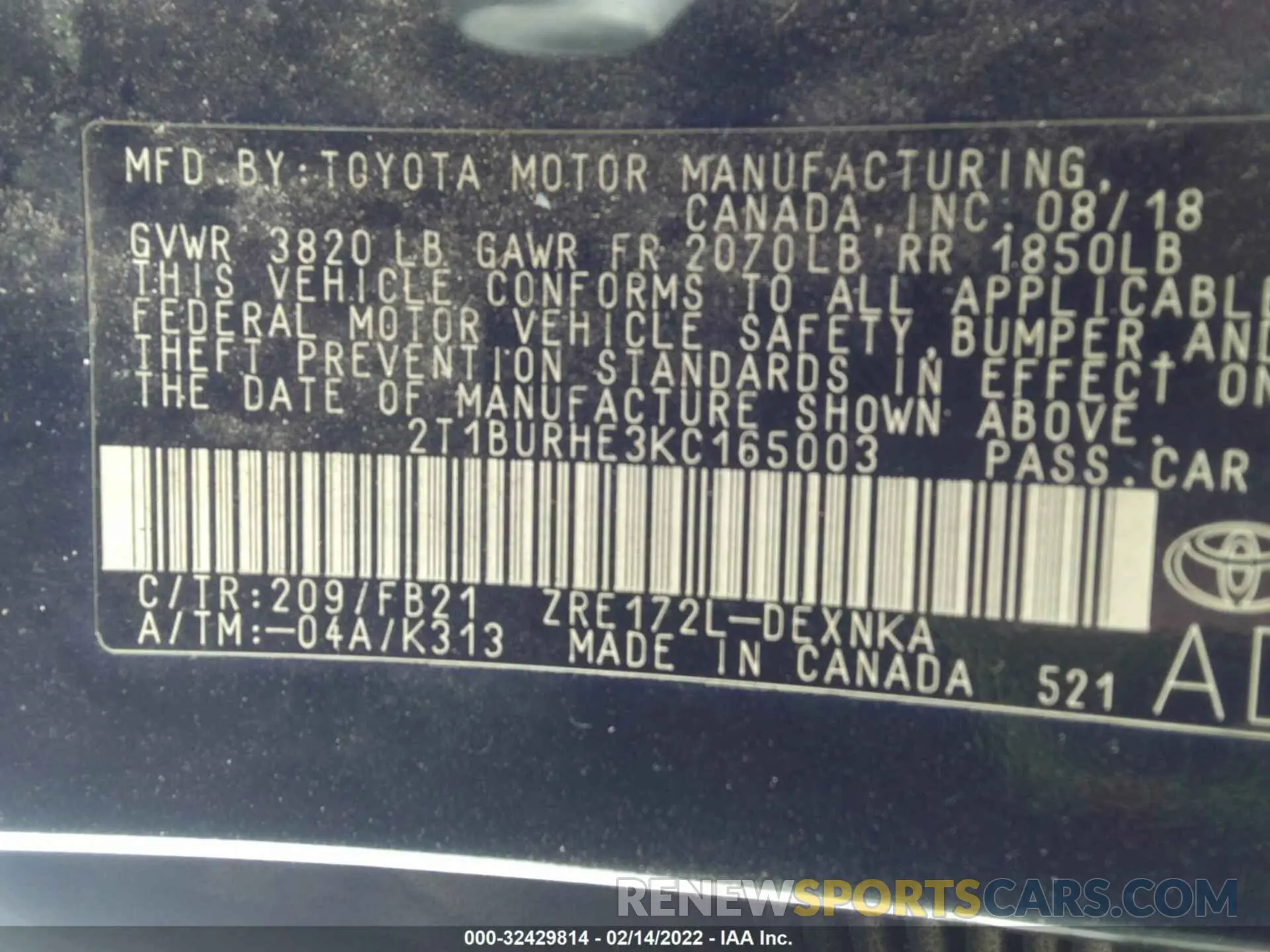 9 fotografías del automóvil dañado 2T1BURHE3KC165003 TOYOTA COROLLA 2019