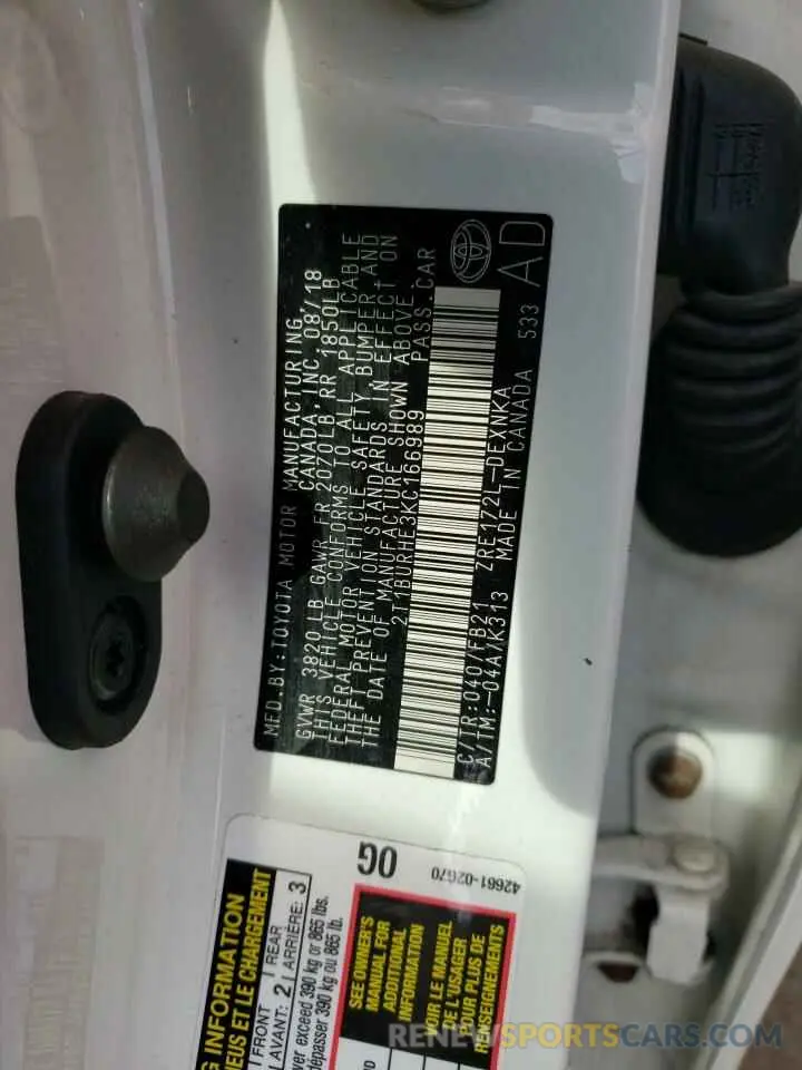 12 fotografías del automóvil dañado 2T1BURHE3KC166989 TOYOTA COROLLA 2019