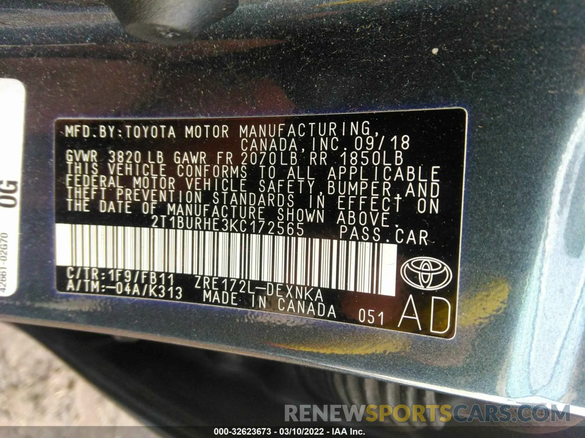 9 fotografías del automóvil dañado 2T1BURHE3KC172565 TOYOTA COROLLA 2019