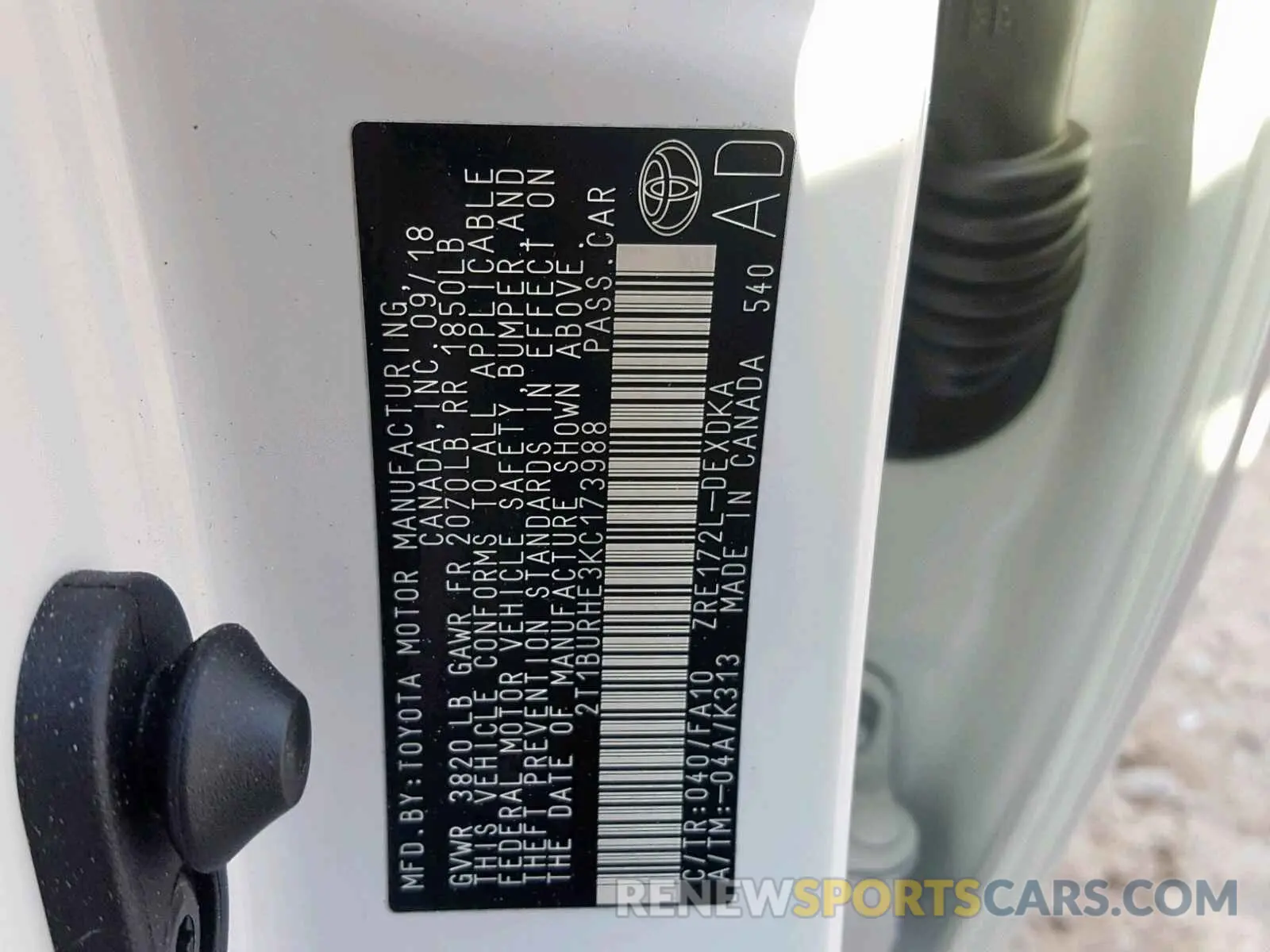 10 fotografías del automóvil dañado 2T1BURHE3KC173988 TOYOTA COROLLA 2019