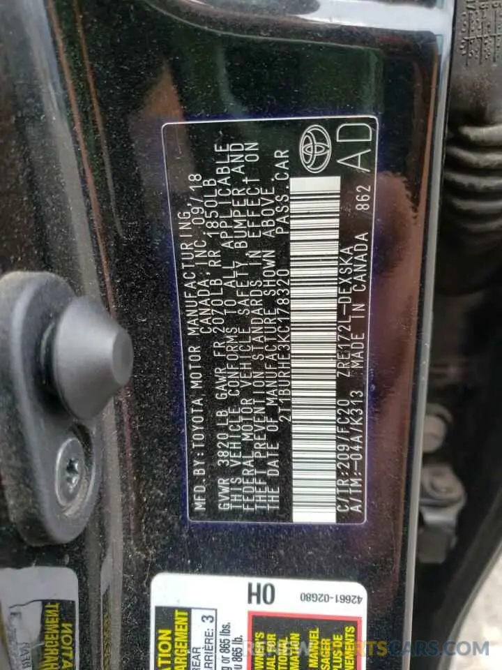 10 fotografías del automóvil dañado 2T1BURHE3KC178320 TOYOTA COROLLA 2019
