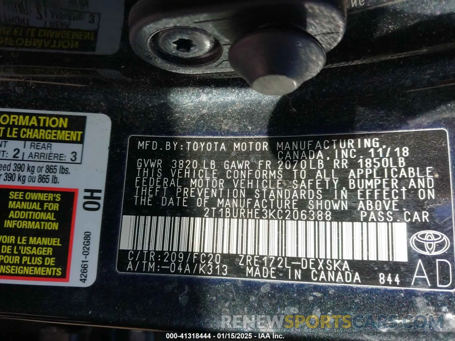 9 fotografías del automóvil dañado 2T1BURHE3KC206388 TOYOTA COROLLA 2019