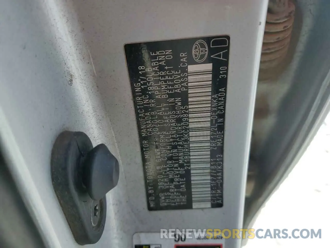12 fotografías del automóvil dañado 2T1BURHE3KC209825 TOYOTA COROLLA 2019
