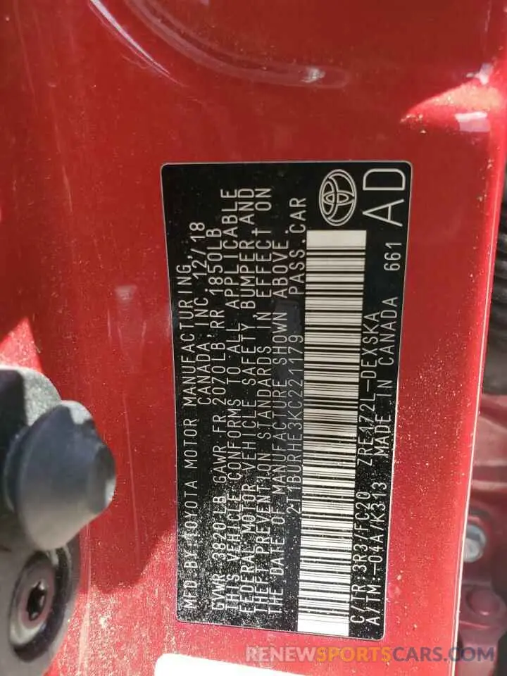 12 fotografías del automóvil dañado 2T1BURHE3KC221179 TOYOTA COROLLA 2019
