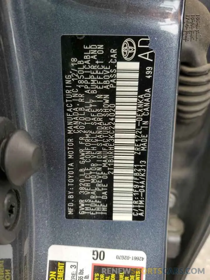 12 fotografías del automóvil dañado 2T1BURHE3KC224020 TOYOTA COROLLA 2019