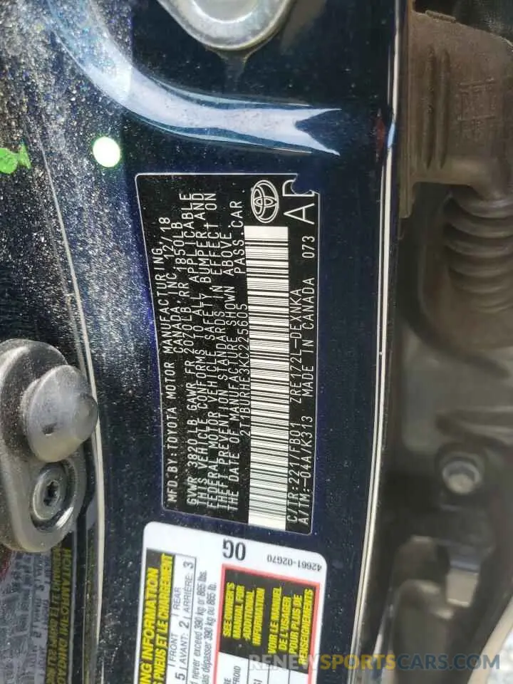 12 fotografías del automóvil dañado 2T1BURHE3KC225605 TOYOTA COROLLA 2019