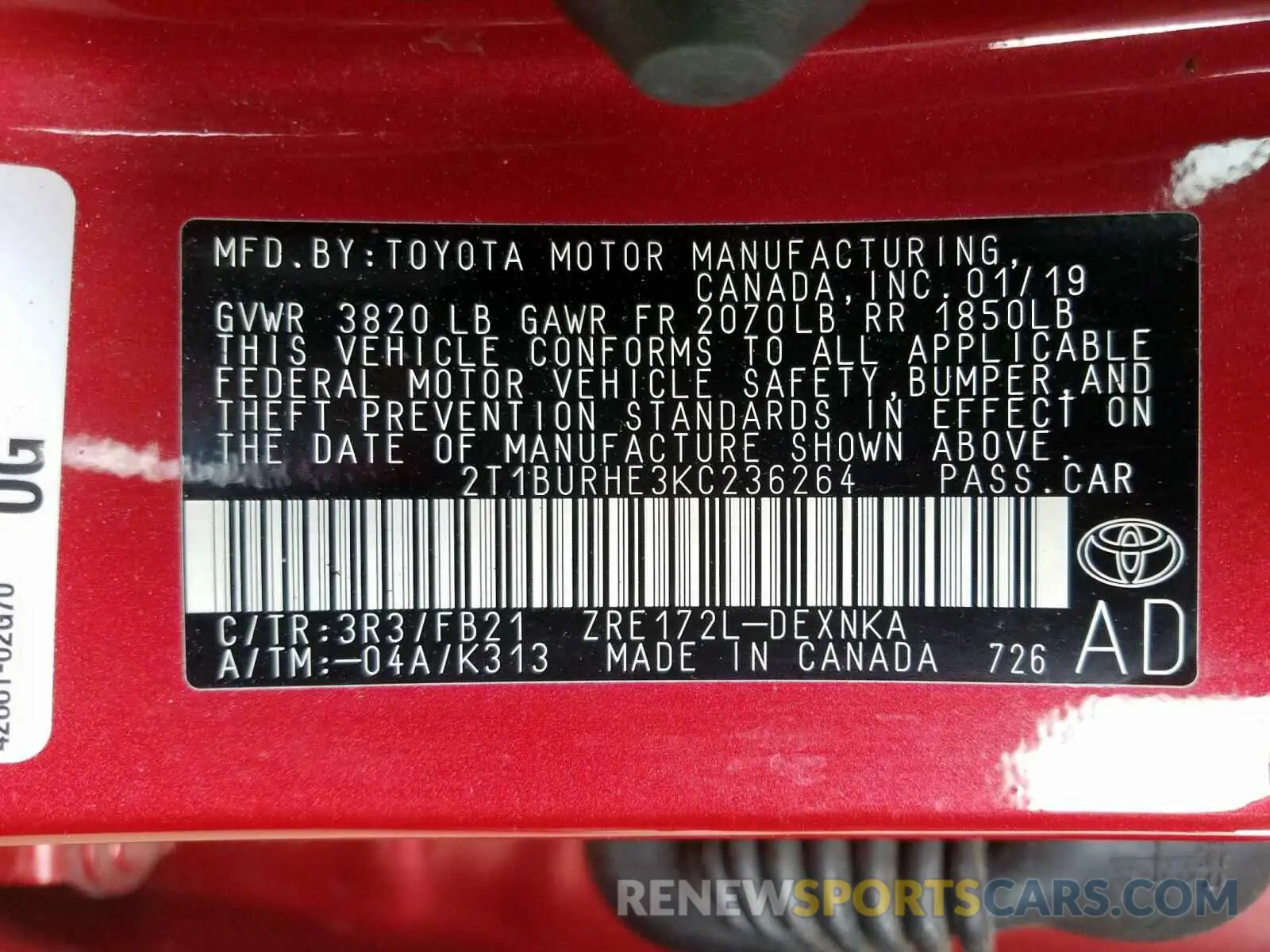 10 fotografías del automóvil dañado 2T1BURHE3KC236264 TOYOTA COROLLA 2019