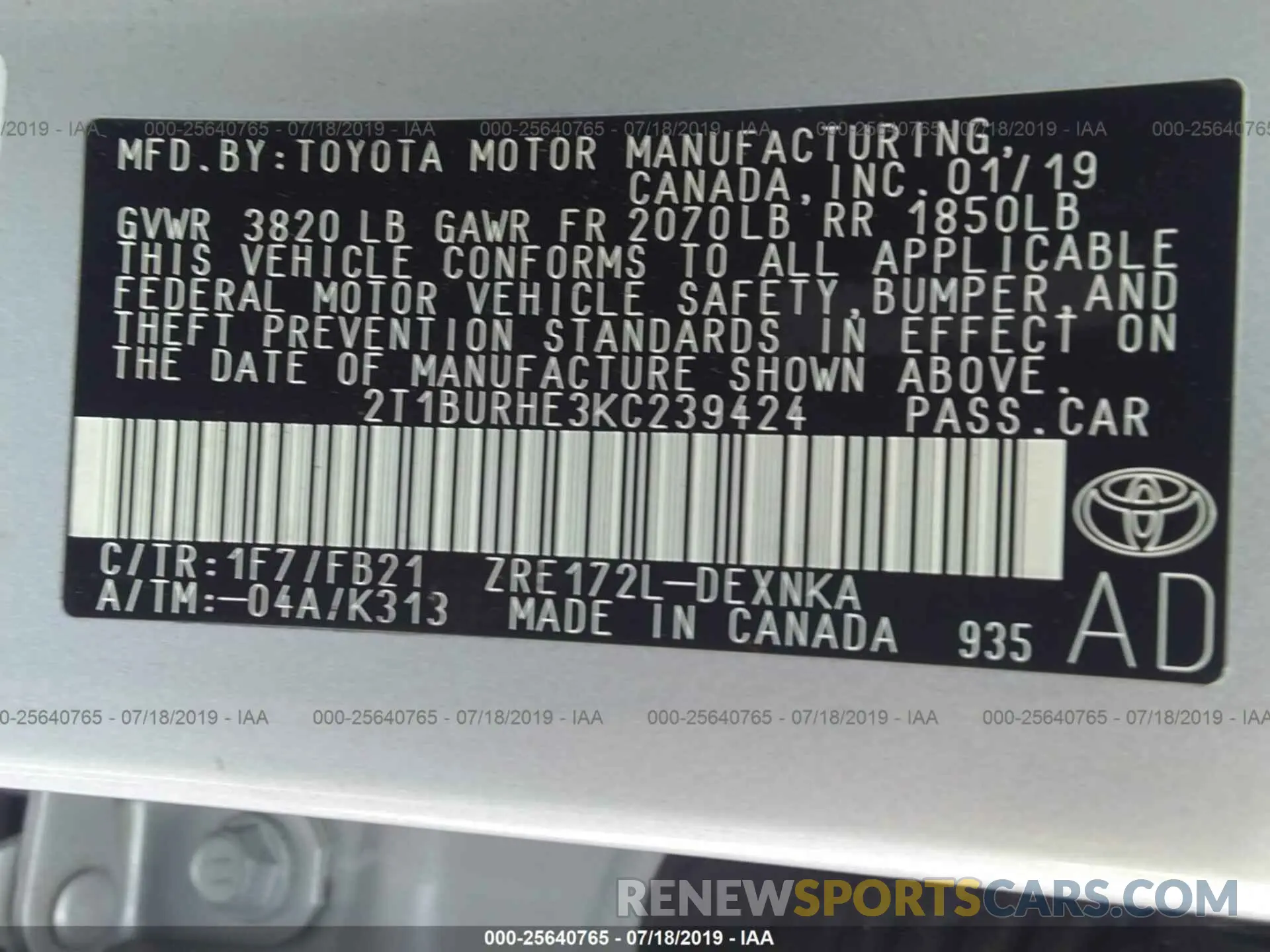 9 fotografías del automóvil dañado 2T1BURHE3KC239424 TOYOTA COROLLA 2019