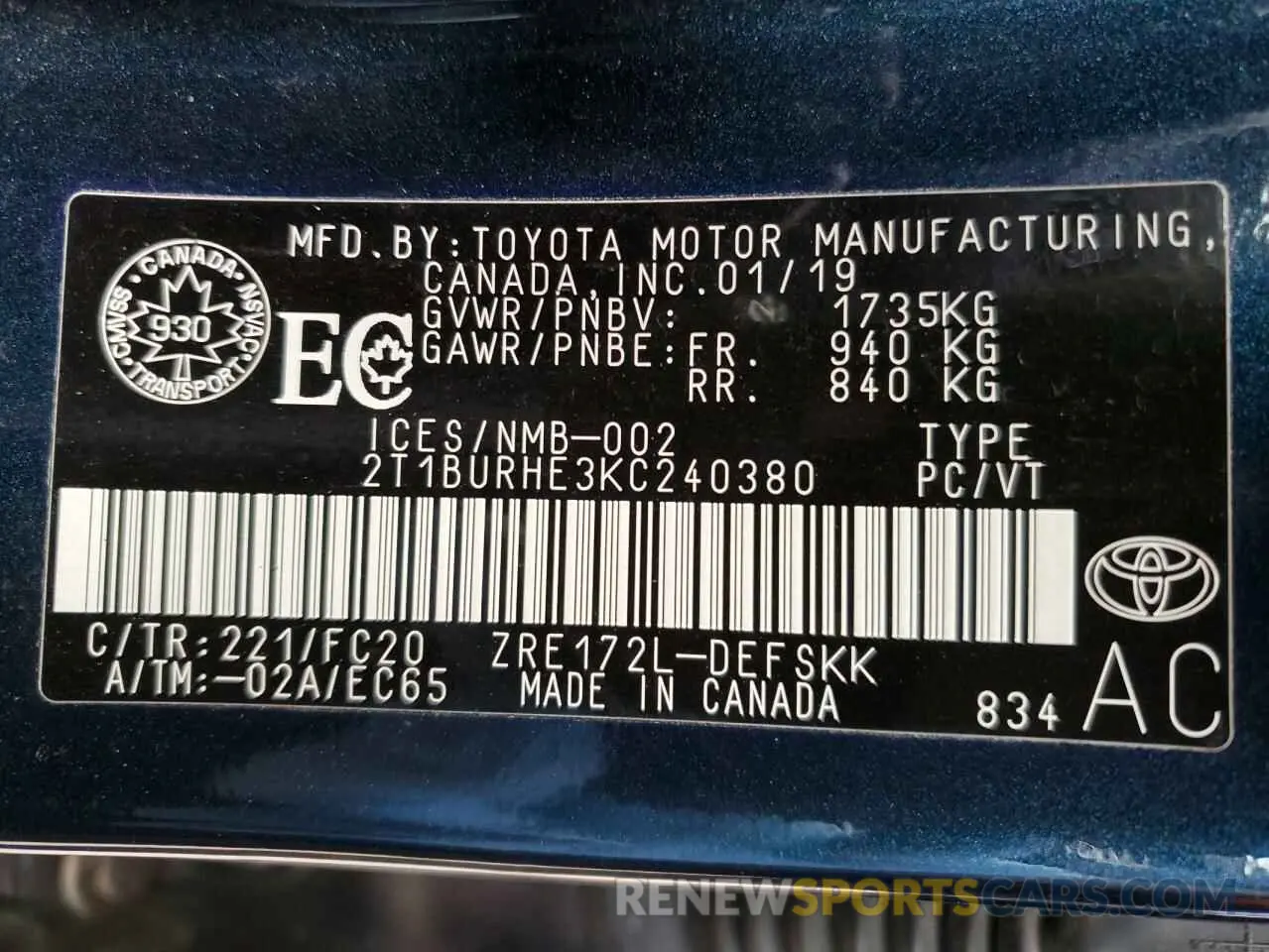 13 fotografías del automóvil dañado 2T1BURHE3KC240380 TOYOTA COROLLA 2019