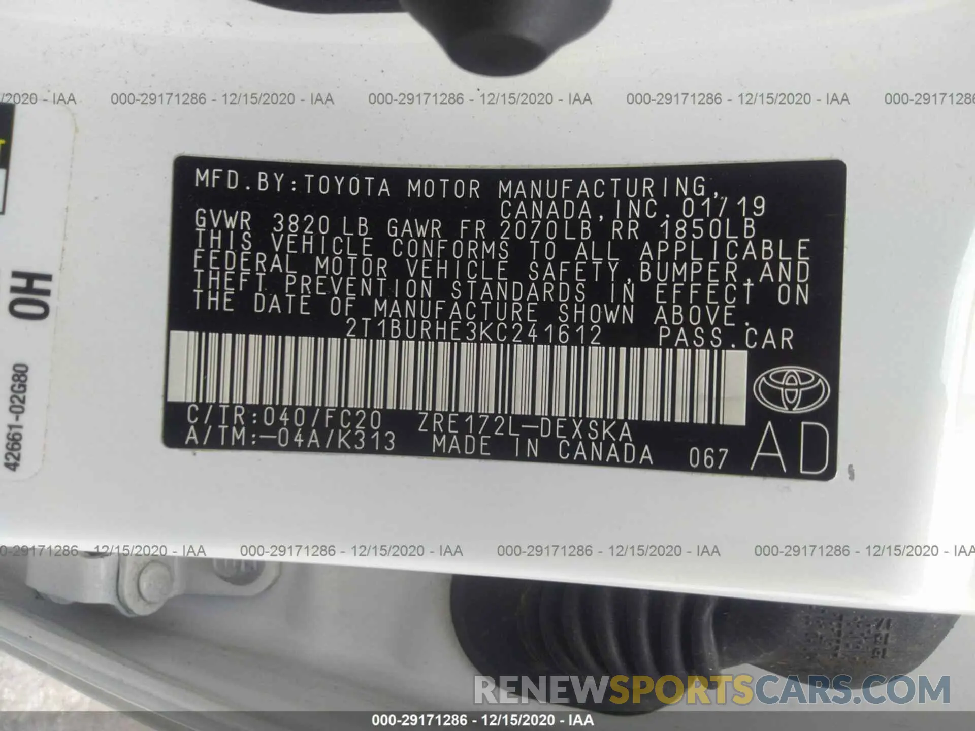 9 fotografías del automóvil dañado 2T1BURHE3KC241612 TOYOTA COROLLA 2019