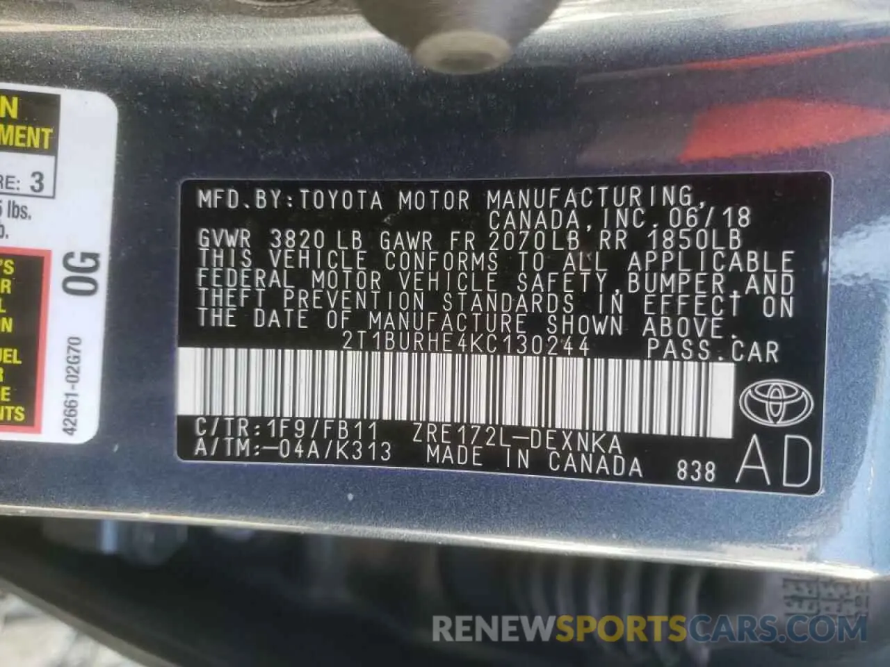 10 fotografías del automóvil dañado 2T1BURHE4KC130244 TOYOTA COROLLA 2019