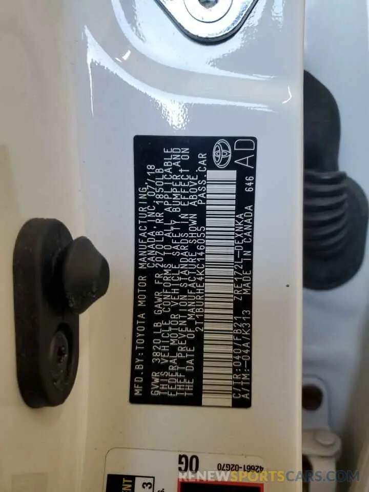 12 fotografías del automóvil dañado 2T1BURHE4KC146055 TOYOTA COROLLA 2019
