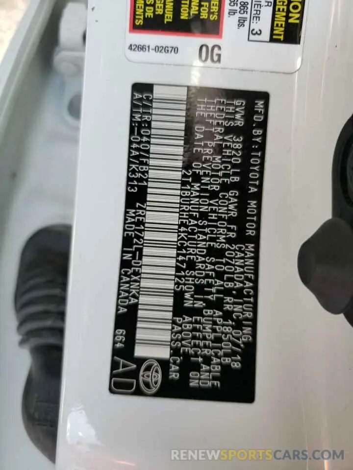12 fotografías del automóvil dañado 2T1BURHE4KC147125 TOYOTA COROLLA 2019