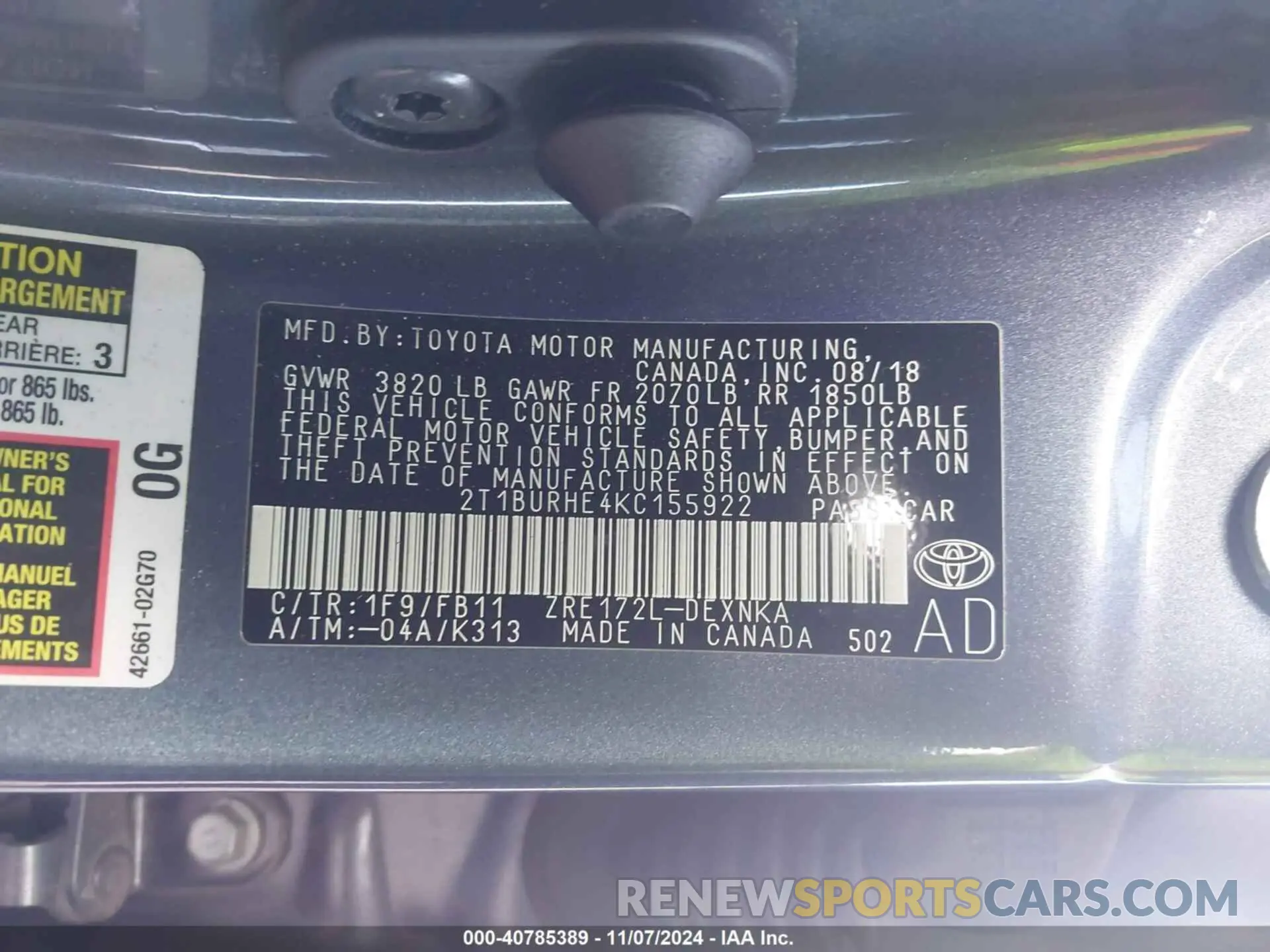9 fotografías del automóvil dañado 2T1BURHE4KC155922 TOYOTA COROLLA 2019