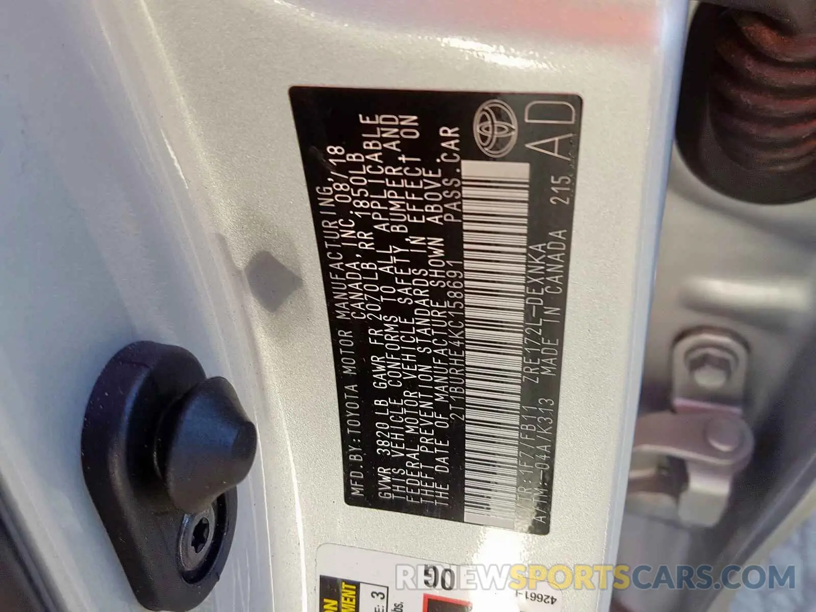 10 fotografías del automóvil dañado 2T1BURHE4KC158691 TOYOTA COROLLA 2019