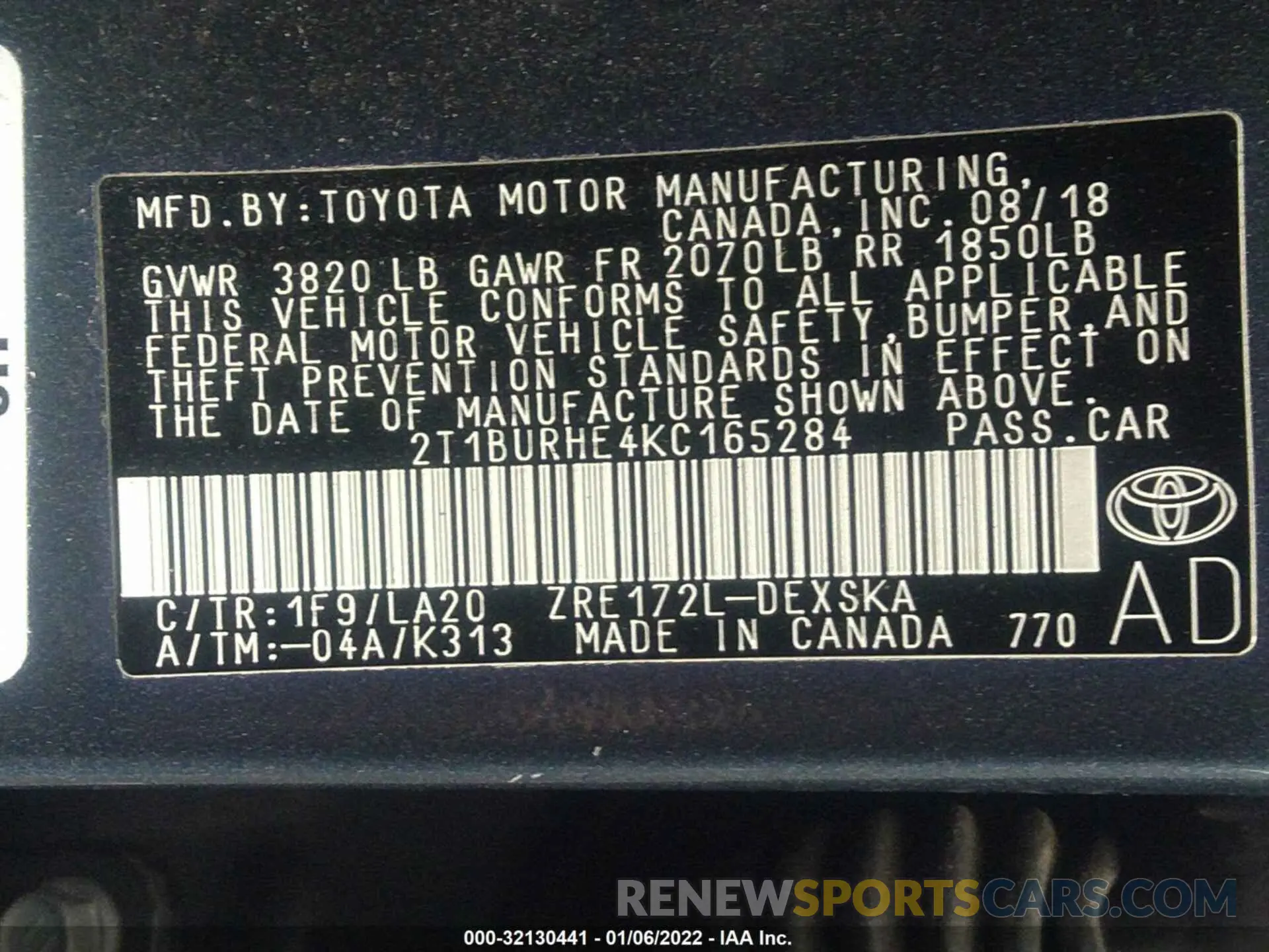 9 fotografías del automóvil dañado 2T1BURHE4KC165284 TOYOTA COROLLA 2019