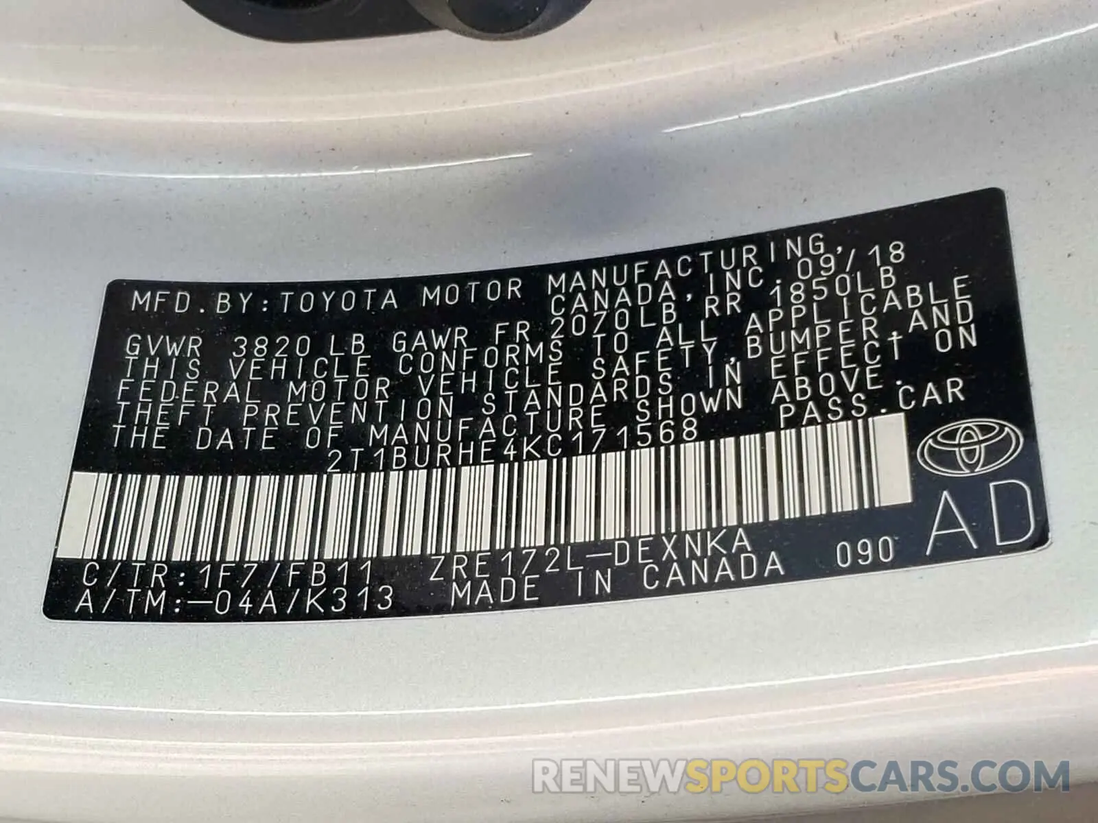 10 fotografías del automóvil dañado 2T1BURHE4KC171568 TOYOTA COROLLA 2019