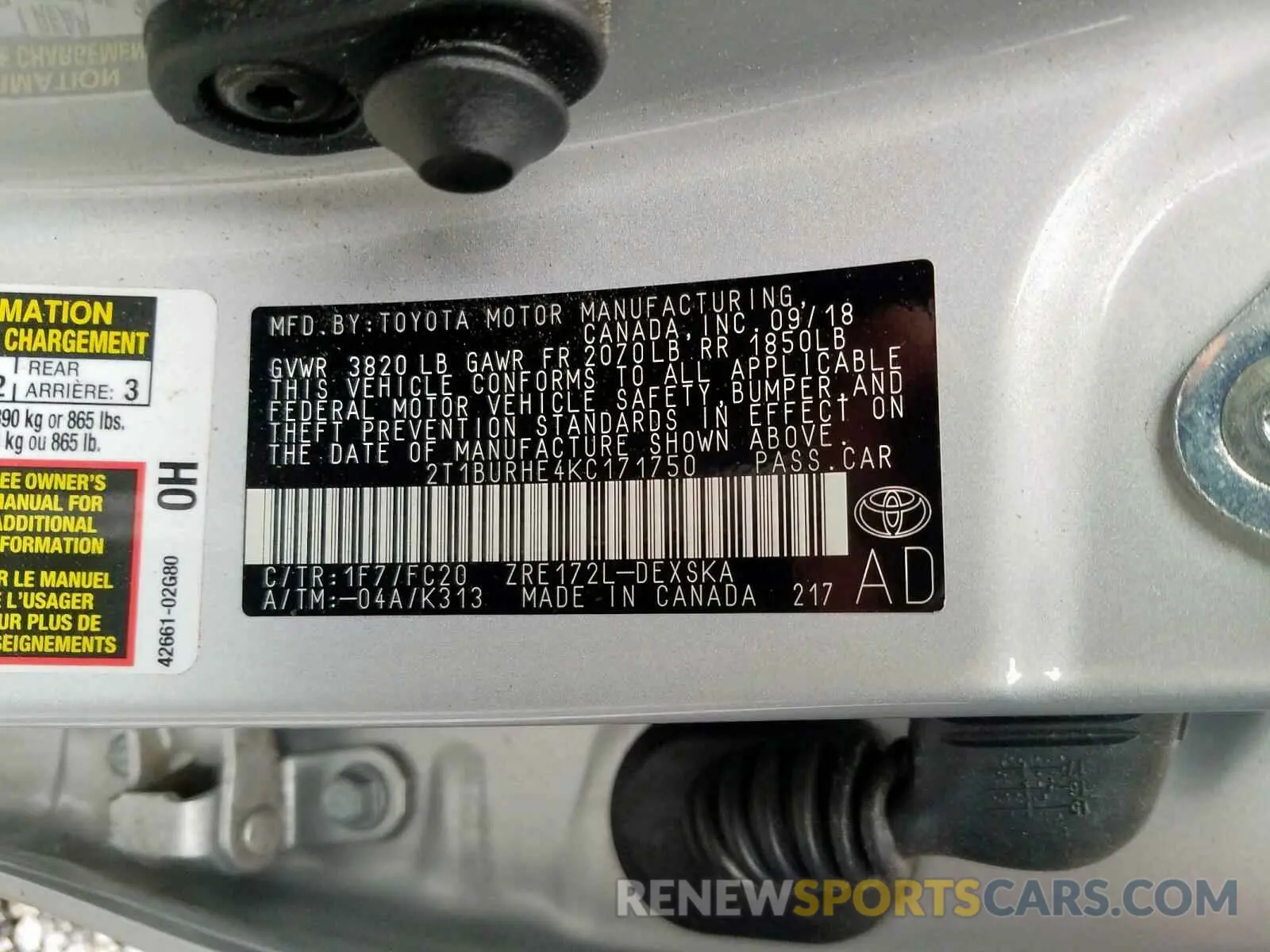 10 fotografías del automóvil dañado 2T1BURHE4KC171750 TOYOTA COROLLA 2019