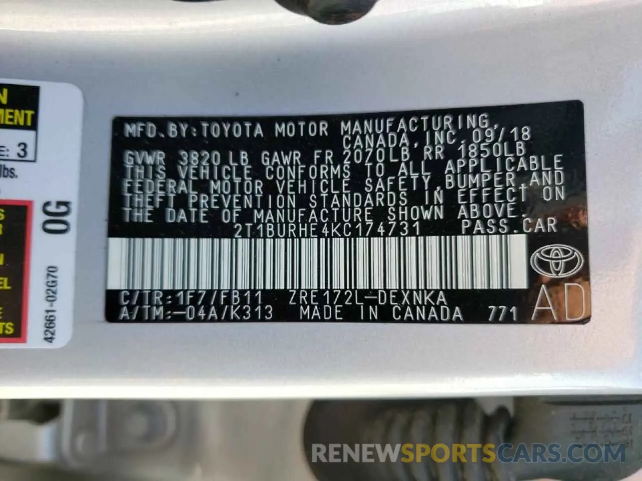 10 fotografías del automóvil dañado 2T1BURHE4KC174731 TOYOTA COROLLA 2019