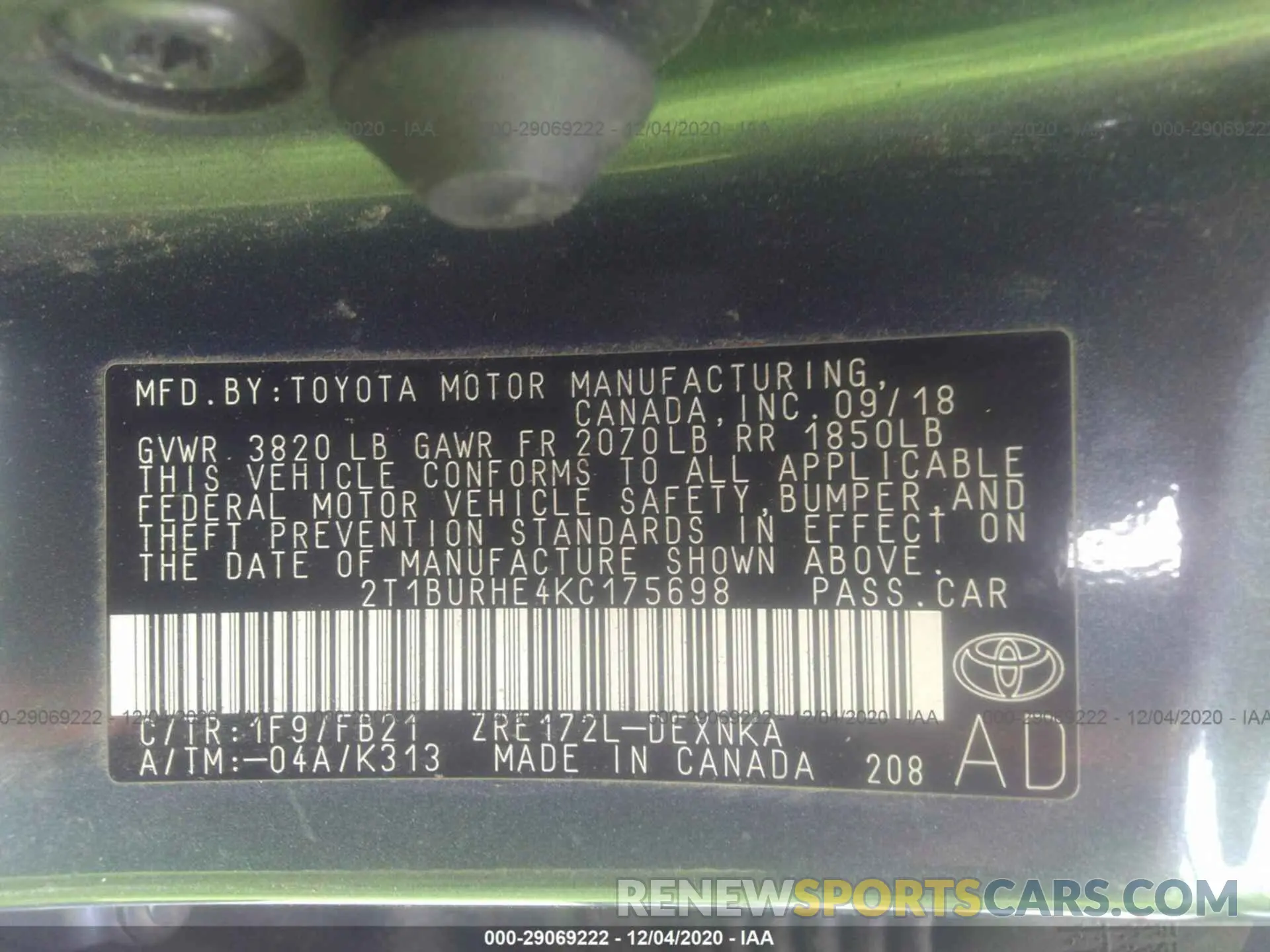 9 fotografías del automóvil dañado 2T1BURHE4KC175698 TOYOTA COROLLA 2019