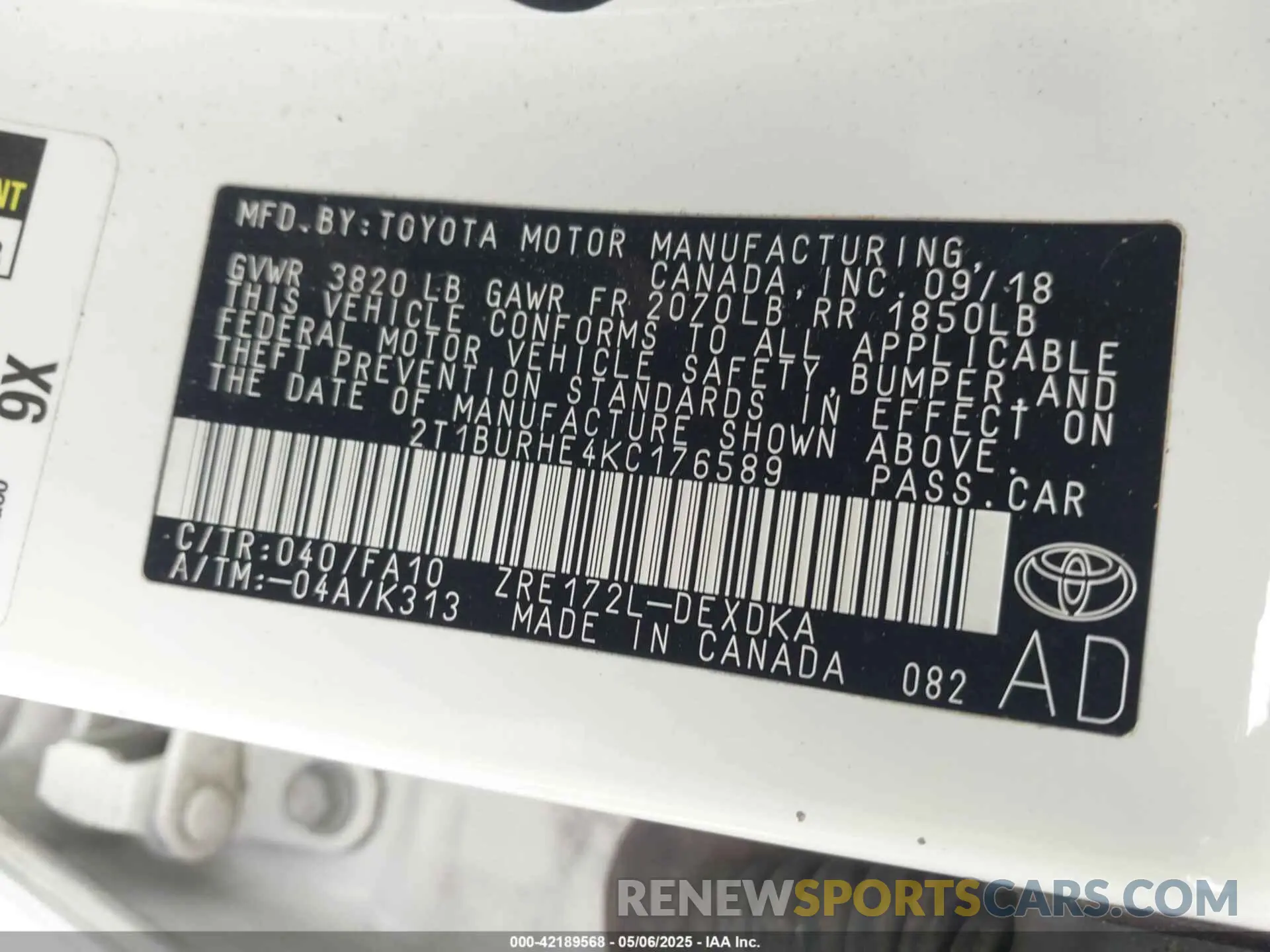 9 fotografías del automóvil dañado 2T1BURHE4KC176589 TOYOTA COROLLA 2019