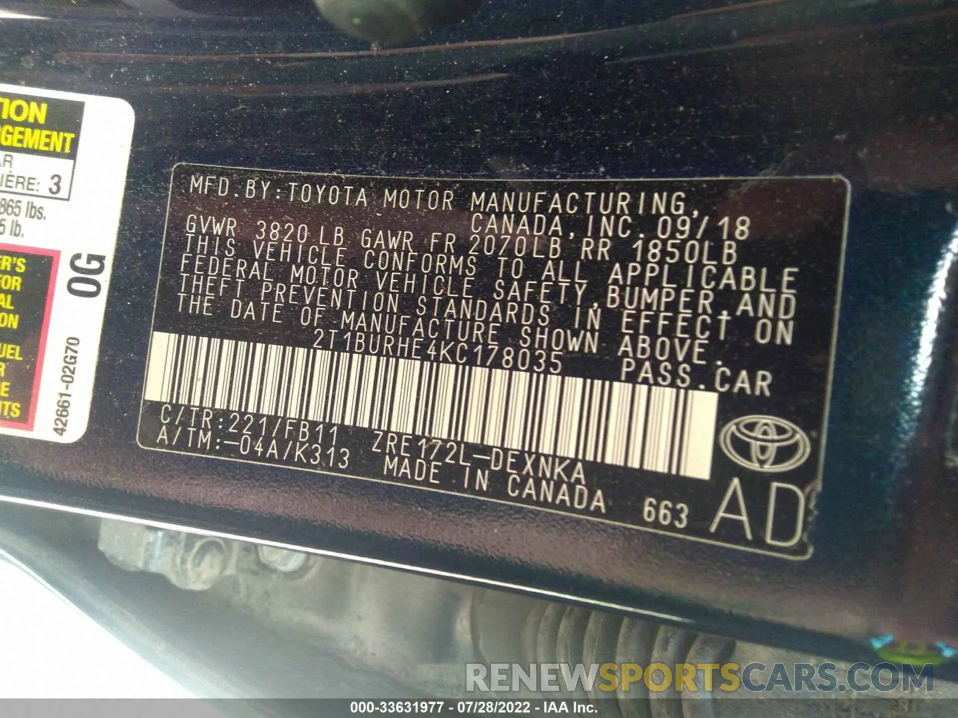 9 fotografías del automóvil dañado 2T1BURHE4KC178035 TOYOTA COROLLA 2019