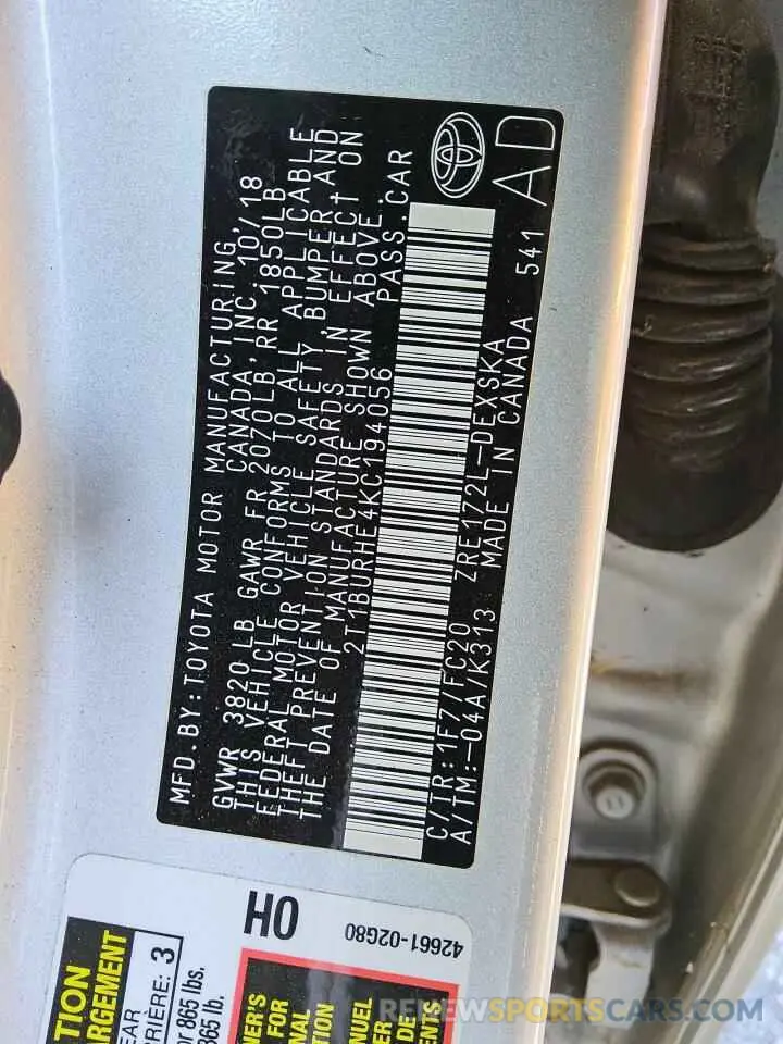 13 fotografías del automóvil dañado 2T1BURHE4KC194056 TOYOTA COROLLA 2019